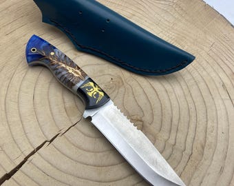 Custom Engraved Hunting Knife: D2 Steel, Epoxy Handle, Leather Sheath