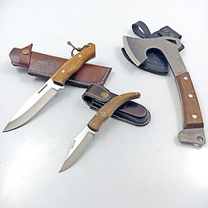 Handmade Camping Set: Folding Knife, Bushcraft Knife, Hatchet - Walnut Grip