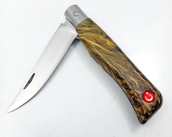 Handmade Folding Knife and Sheath, Engraved Stainless Steel Pocket Knife