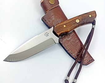 Custom Engraved Hunting Knife with Walnut Grip & Leather Sheath