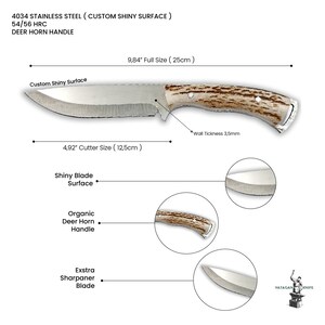 May include: A stainless steel knife with a deer horn handle. The blade is 25 cm long and has a custom shiny surface. The cutter size is 12.5 cm. The text on the image says "4034 Stainless Steel", "54/56 HRC", and "Deer Horn Handle".