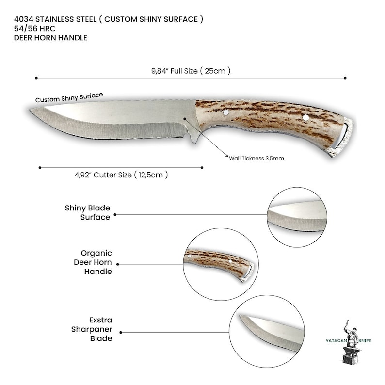 May include: A stainless steel knife with a deer horn handle. The blade is 25 cm long and has a custom shiny surface. The cutter size is 12.5 cm. The text on the image says "4034 Stainless Steel", "54/56 HRC", and "Deer Horn Handle".