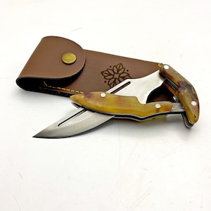 Handmade Bone Handle Folding Knife: Engraved Pocket Knife with Sheath