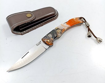 Custom Engraved Folding Knife: Epoxy Handle, Leather Sheath