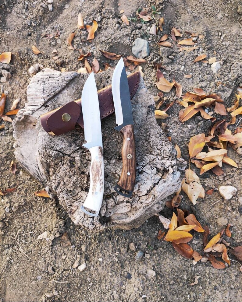 May include: Two hunting knives with wooden and bone handles rest on a weathered tree stump. One knife has a light-coloured bone handle, while the other has a dark wood handle. A brown leather sheath is visible behind the knives.