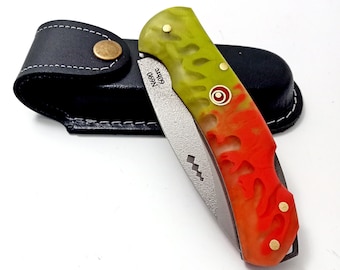 Handmade N690 Steel Folding Knife: Custom Engraved Pocket Knife with Leather Case