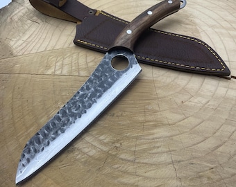 Handmade Carbon Steel Chef Knife with Sheath: Custom Engraved Kitchen Cleaver