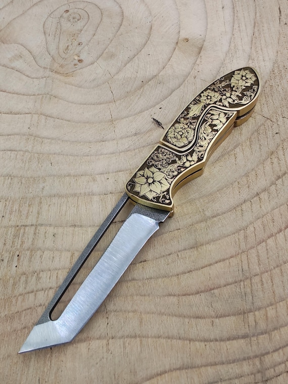 Handmade Engraved Tanto Knife, Floral Brass Handle, Personalized