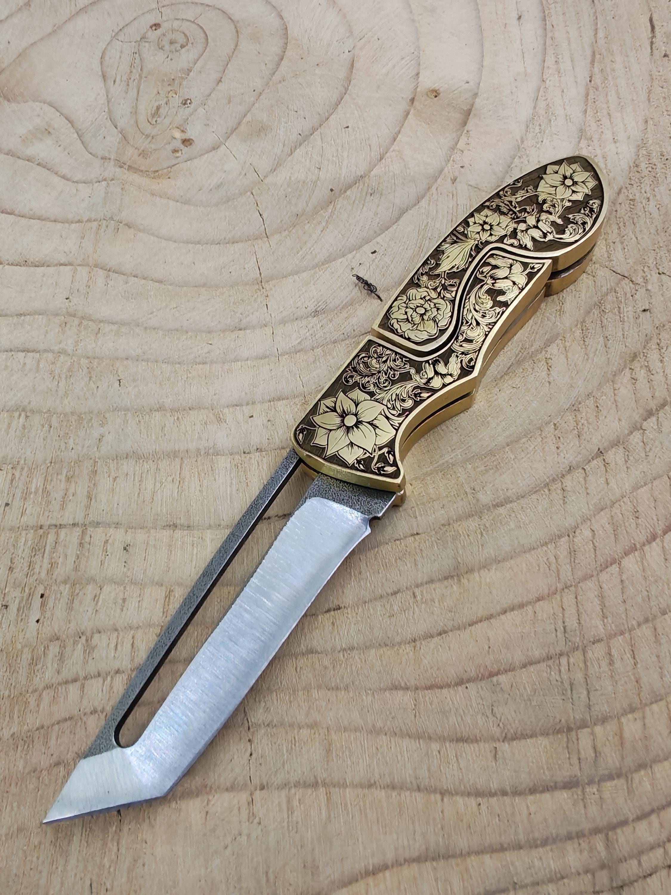 Handmade Engraved Tanto Knife, Floral Brass Handle, Personalized