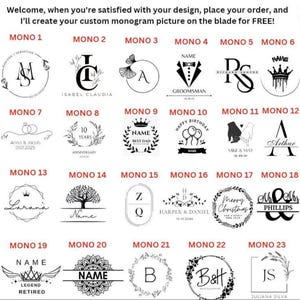 May include: A chart displaying 23 different monogram designs. Each design is labelled with a number and the word "MONO" followed by the number. The designs include initials, names, dates, and other personalised elements.