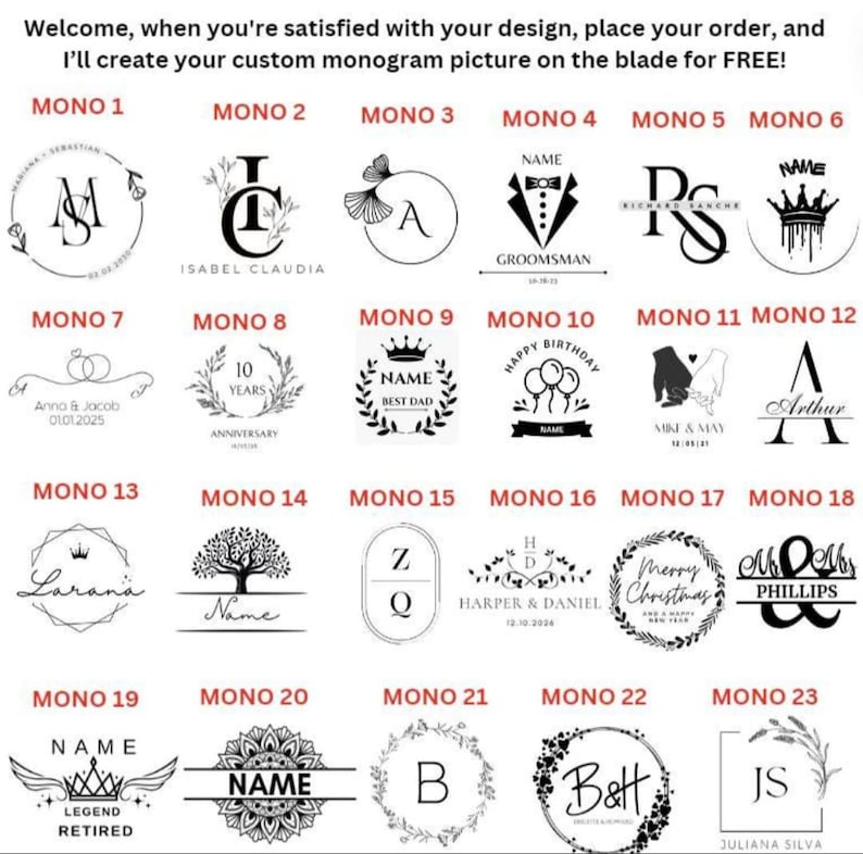 May include: A chart displaying 23 different monogram designs. Each design is labelled with a number and the word "MONO" followed by the number. The designs include initials, names, dates, and other personalised elements.