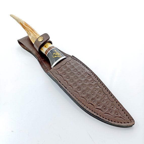 Stag Antler Handle Full Tang Blade Hunting Knife Cobra Snake Skin Leather Sheath Stag Antler Handle Full Tang Blade Hunting Knife Cobra Snake Skin Leather Sheath