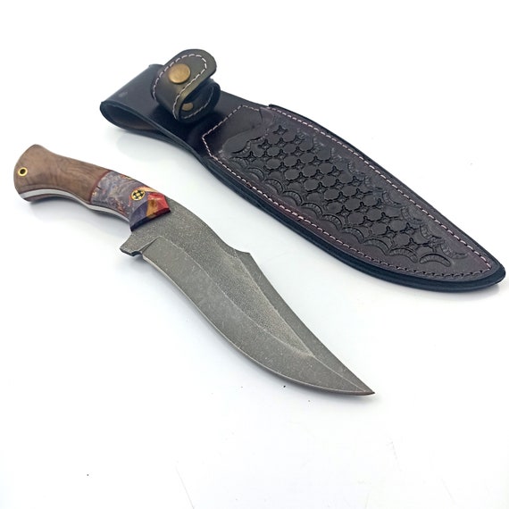 N690 Steel Bowie Knife: Custom Engraved Hunting Knife with Leather Sheath