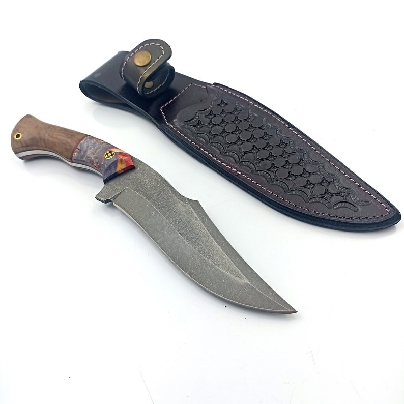 N690 Steel Bowie Knife: Custom Engraved Hunting Knife with Leather Sheath image 1