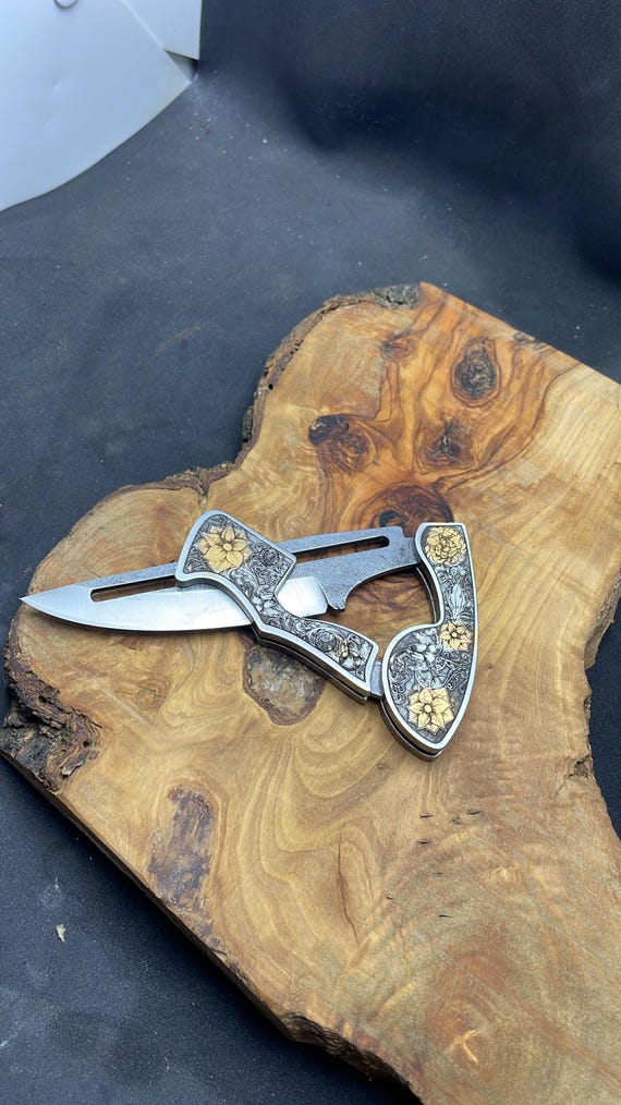 Custom Engraved Folding Knife: Gold Plated Anniversary Gift