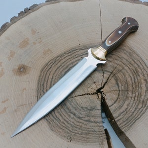 Op de afbeelding: Een zilveren dolk met een bruin en wit handvat op een houten oppervlak.