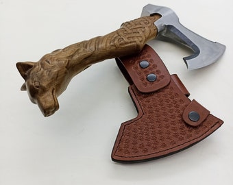 Handmade Wolf Axe: Viking Tomahawk Hatchet with Leather Case
