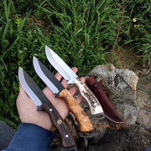 May include: Four custom hunting knives with diverse handle materials, including wood and antler, and a leather sheath. The blades are silver and black, and the handles display unique grain patterns and decorative elements. The knives are displayed outdoors.