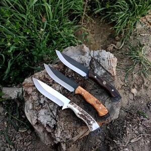 May include: Three handcrafted knives with different handle designs are displayed on a tree stump. The blades are silver and black, and the handles are made of wood and bone. The knives are for outdoor use.