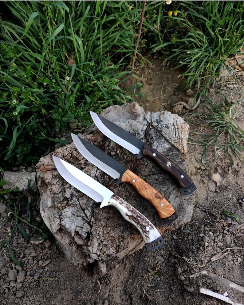 May include: Three handcrafted knives with different handle designs are displayed on a tree stump. The blades are silver and black, and the handles are made of wood and bone. The knives are for outdoor use.