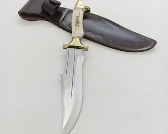 Deer Antler Bowie Knife: Custom Engraved Hunting Knife with Leather Sheath