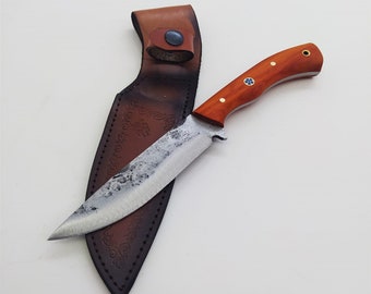 Hand Forged Carbon Steel Hunting Knife with Paduk Handle & Leather Sheath