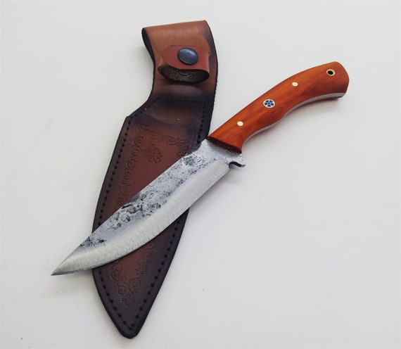 Hand Forged Carbon Steel Hunting Knife with Paduk Handle & Leather