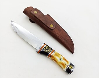 Deer Antler Handle Hunting Knife: 4116 Stainless Steel, Leather Cover