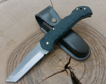 Couteau pliant Tanto gravé personnalisé : poignée Micarta, étui en cuir