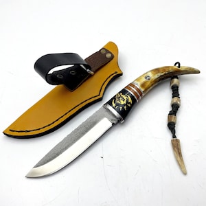 Deer Antler Unique Knife For Hunters Custom Engraved Knife With Leather Sheath Camping Gifts For Boyfriend Survival Knife Gifts for Men