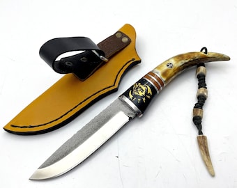 Deer Antler Handle Knife: Custom Engraved Hunting Knife with Leather Sheath