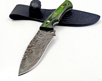 Handmade Damascus Steel Hunting Knife: Stabilized Wood Handle, Leather Sheath