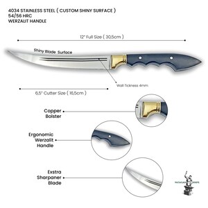 May include: A 12-inch, 4034 stainless steel knife with a shiny surface, 54/56 HRC, Werzalit handle, copper bolster, and extra sharpener blade. The knife has a 6.5-inch cutter size and a 4mm wall thickness.