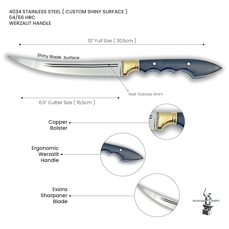 May include: A 12-inch, 4034 stainless steel knife with a shiny surface, 54/56 HRC, Werzalit handle, copper bolster, and extra sharpener blade. The knife has a 6.5-inch cutter size and a 4mm wall thickness.