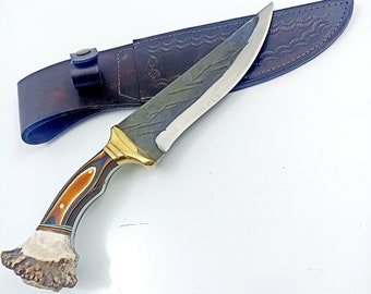 Handmade Deer Antler Camping Knife: Forged Steel Hunting Knife with Leather Sheath