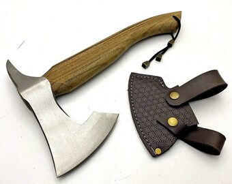 Hand Forged Bearded Viking Axe: Custom Engraved Carbon Steel with Leather Sheath