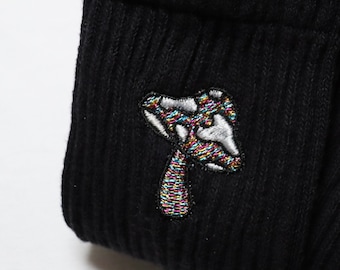 Embroidered Mushroom Crew Socks – Psychedelic Fungi, Black Cotton Unisex Socks