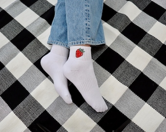 Embroidered Strawberry Ankle Socks – Fruit Socks, Gift for Her