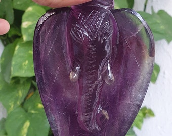 Natural Handmade Amethyst Ganesha Trunk On leaf Carved Figure
