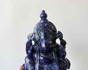 Natural Hand made Sodalite Gemstone Ganesha Statue Idol Carving