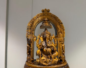 Hand Carved Tiger's Eye Ganesha Sculpture | Ornate Arch, Spiritual Idol, Home Décor