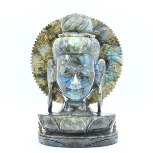 Natural Handmade Labradorite Buddha head Crystal Art Deco Carvings Gemstones Home Decor Sculpture Statue Figurine Gifting Garden Decor Idol