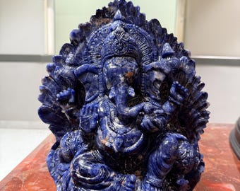 Natural Hand carved Lord Ganesha Statue in Sodalite Gemstone Sculpture Home decor