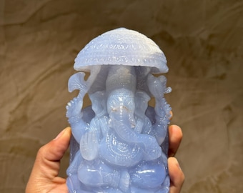 Blue Chalcedony Ganesha Statue with Carved Hand-Carved Lord Ganesh Idol |  Gemstone Sculpture | Lotus Base | Spiritual Home Decor Gift