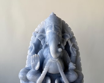 Blue Calcite Ganesha Statue | Hand Carved Lord Gemstone Idol | Natural Stone Hindu God Sculpture