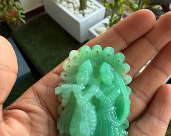 Natural Gemstone Hand carved Radha Krishna Sculpture in Chrysoprase Crystal Decor Statue Carving
