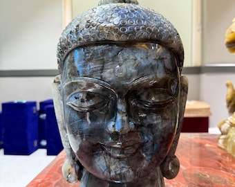 Hand Carved Labradorite Buddha Head Sculpture | Blue Flash Labradorite Statue  Home Decor | Collectible Stone Art