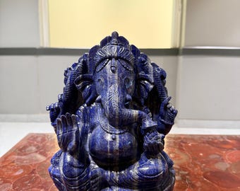 Hand Carved Lord Ganesha in Natural Lapis Lazuli Gemstone Idol