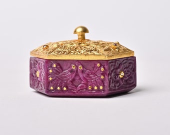 Caixa de rubi natural esculpida à mão, prata, ouro, pedra preciosa, escultura, tigela art déco, decoração de luxo, presente para casa, louças antigas, talheres, pedra