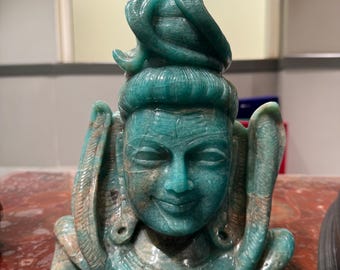 Hand-Carved Amazonite Shiva Head Sculpture with Serpent Design